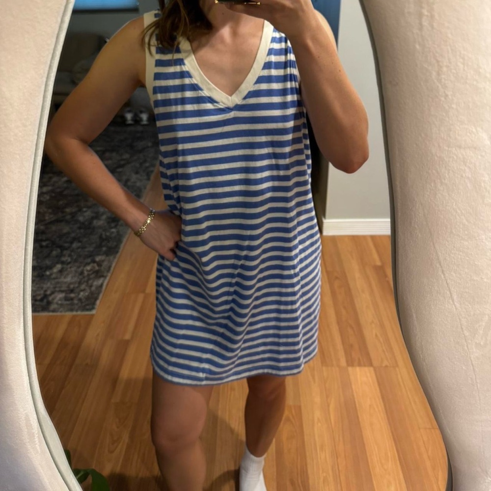Pact Blue and White Striped Sleeveless Dress